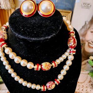 Vintage Creamy Faux Pearl & Crimson Red Cloisonne' Bead Necklace & Earrings